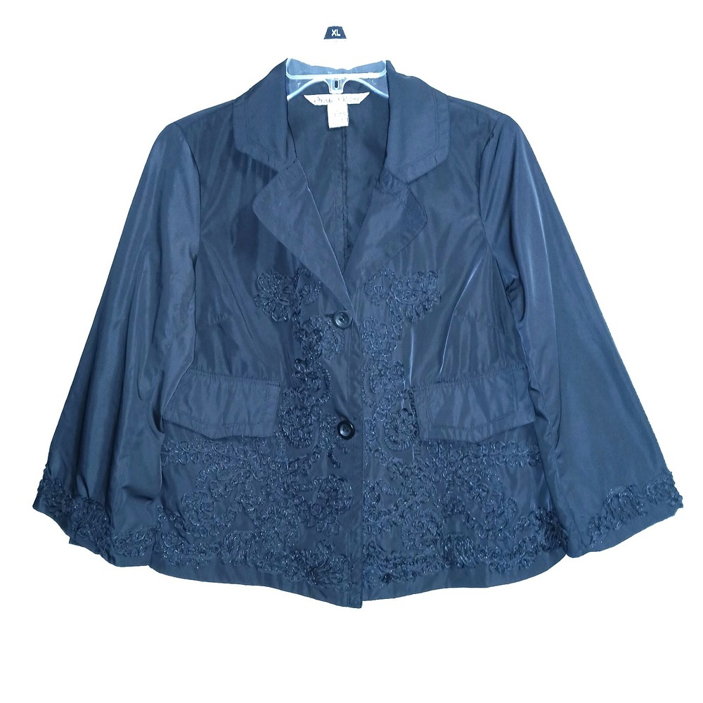 Nikki Valenti Women Jacket Small Black Floral Embroidered Art To Wear Pockets